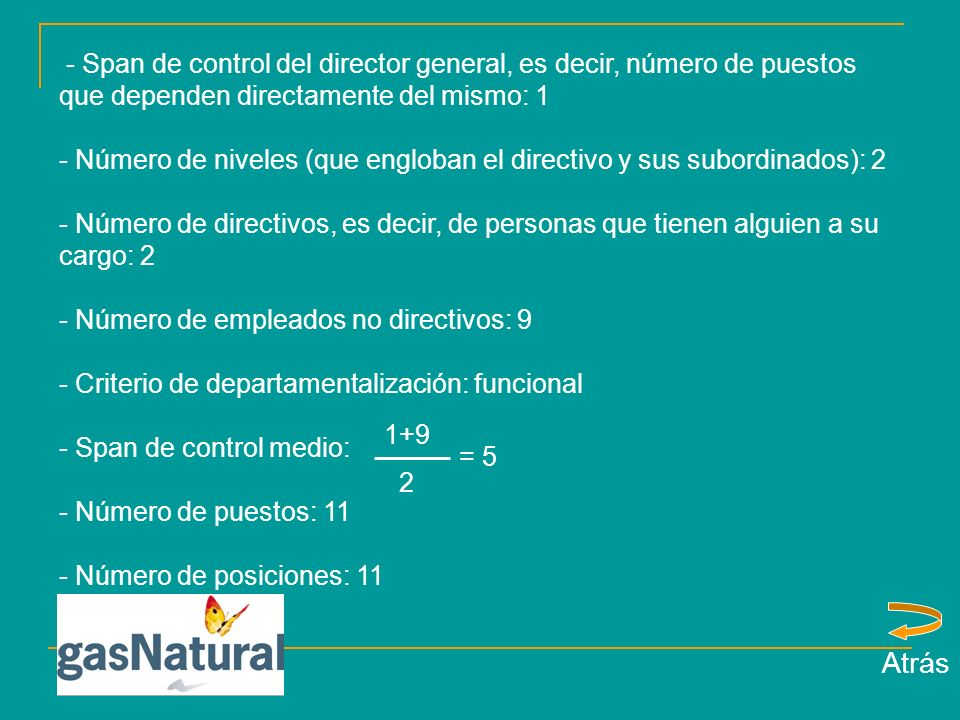 - Span de control del director general, es decir, número de puestos que dependen directamente del mismo: 1