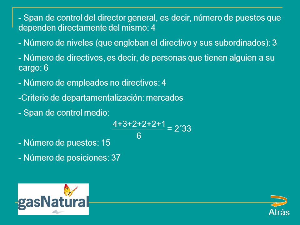 Span de control del director general, es decir, número de puestos que dependen directamente del mismo: 4