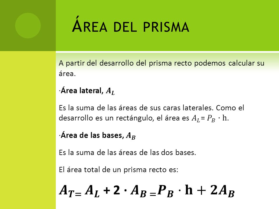 Área del prisma 𝑨 𝑻= 𝑨 𝑳 + 2 · 𝑨 𝑩 = 𝑷 𝑩 ·𝐡+𝟐 𝑨 𝑩