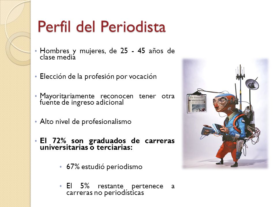 Perfil del Periodista Hombres y mujeres, de años de clase media. Elección de la profesión por vocación.