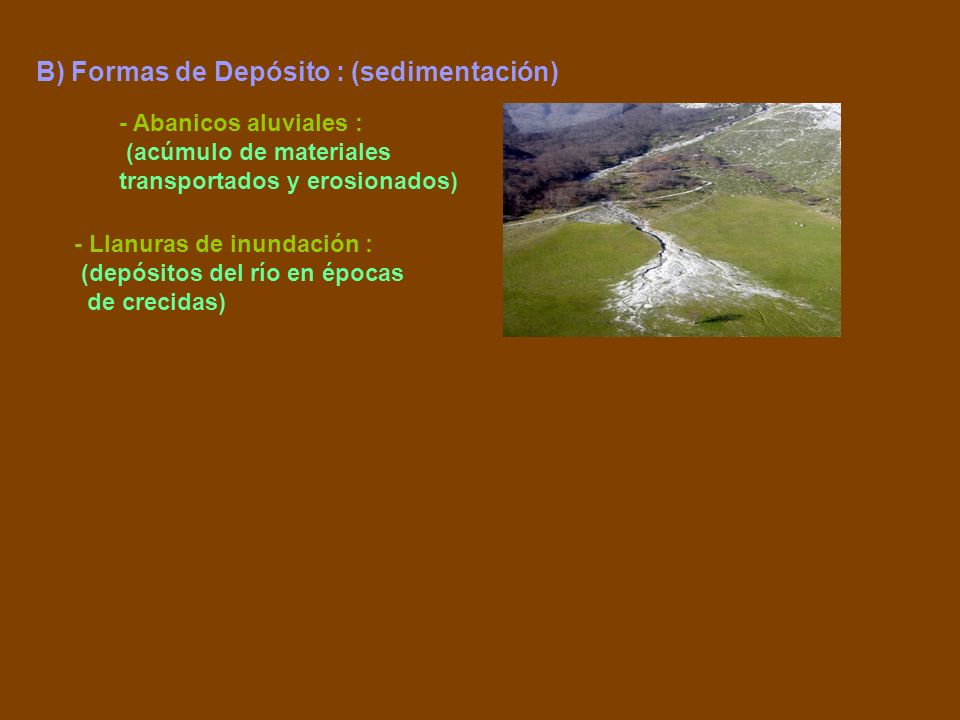 B) Formas de Depósito : (sedimentación)