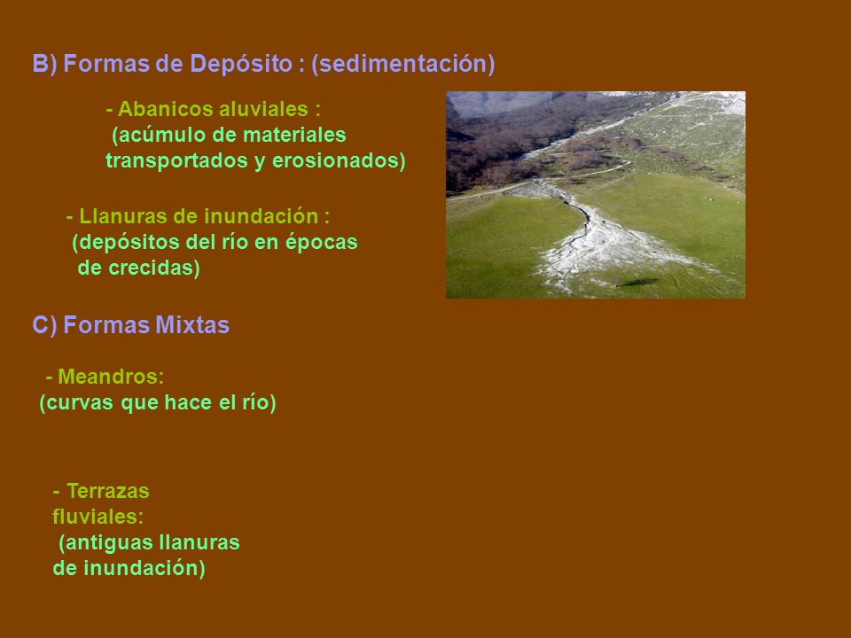 B) Formas de Depósito : (sedimentación)