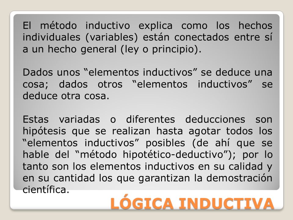 El método inductivo explica como los hechos individuales (variables) están conectados entre sí a un hecho general (ley o principio).