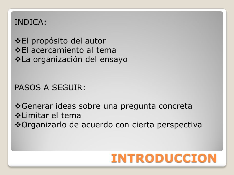 INTRODUCCION INDICA: El propósito del autor El acercamiento al tema