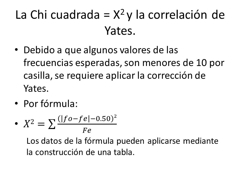 La Chi cuadrada = X2 y la correlación de Yates.
