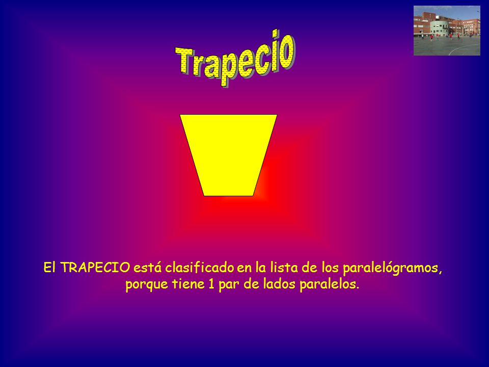 Trapecio El TRAPECIO está clasificado en la lista de los paralelógramos, porque tiene 1 par de lados paralelos.