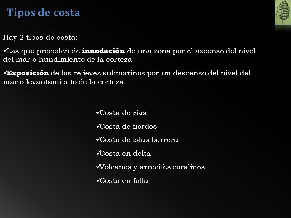 Tipos de costa Hay 2 tipos de costa: