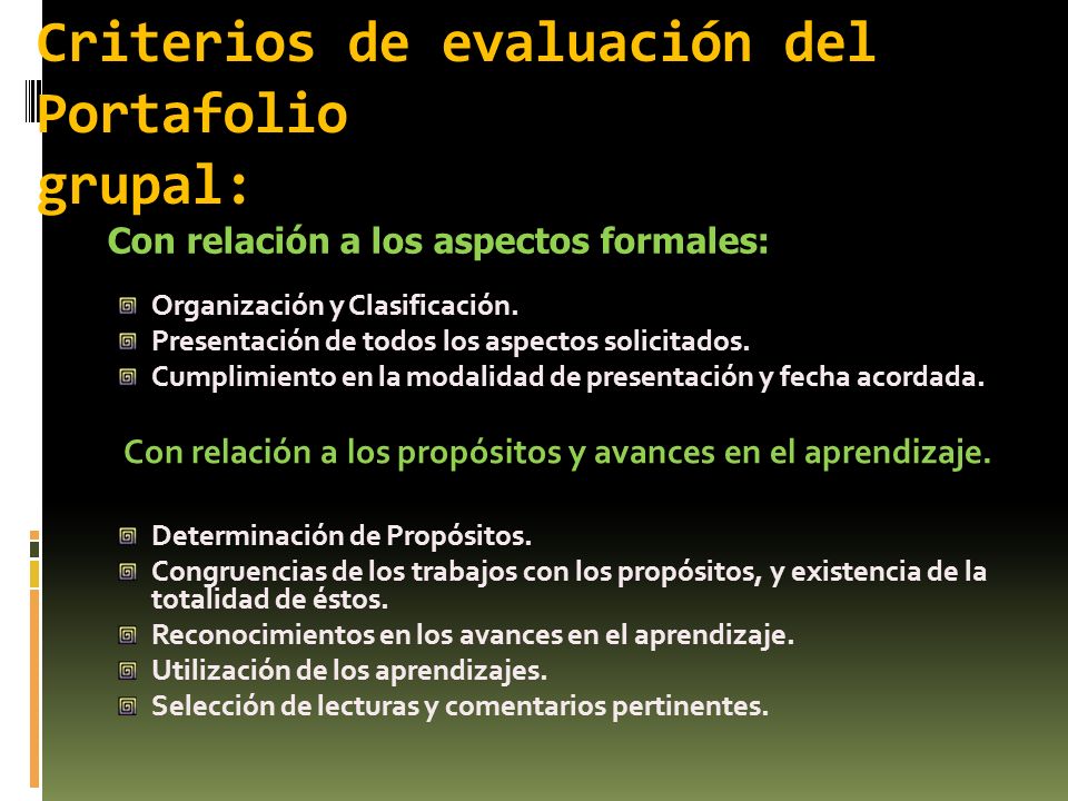 Criterios de evaluación del Portafolio grupal: