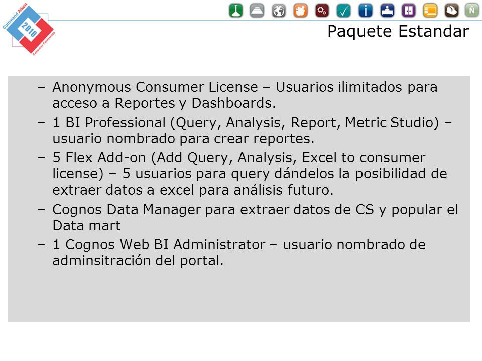 Paquete Estandar Anonymous Consumer License – Usuarios ilimitados para acceso a Reportes y Dashboards.