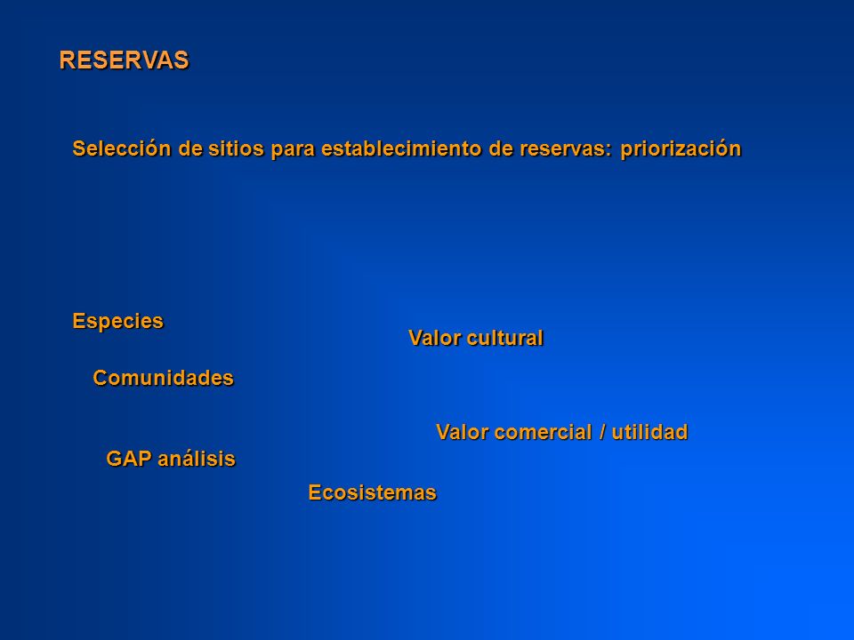RESERVAS Selección de sitios para establecimiento de reservas: priorización. Especies. Valor cultural.