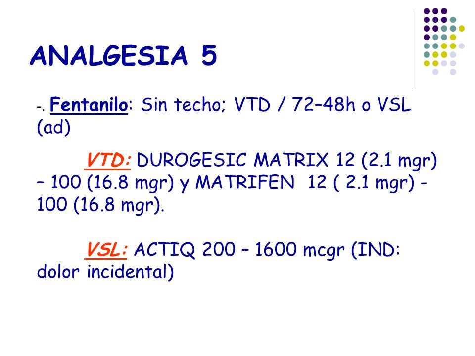 ANALGESIA 5 -. Fentanilo: Sin techo; VTD / 72–48h o VSL (ad)