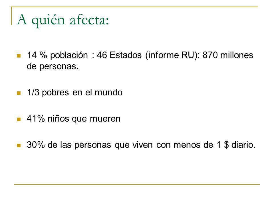 A quién afecta: 14 % población : 46 Estados (informe RU): 870 millones de personas. 1/3 pobres en el mundo.