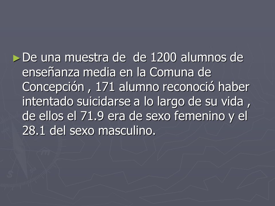 De una muestra de de 1200 alumnos de enseñanza media en la Comuna de Concepción , 171 alumno reconoció haber intentado suicidarse a lo largo de su vida , de ellos el 71.9 era de sexo femenino y el 28.1 del sexo masculino.