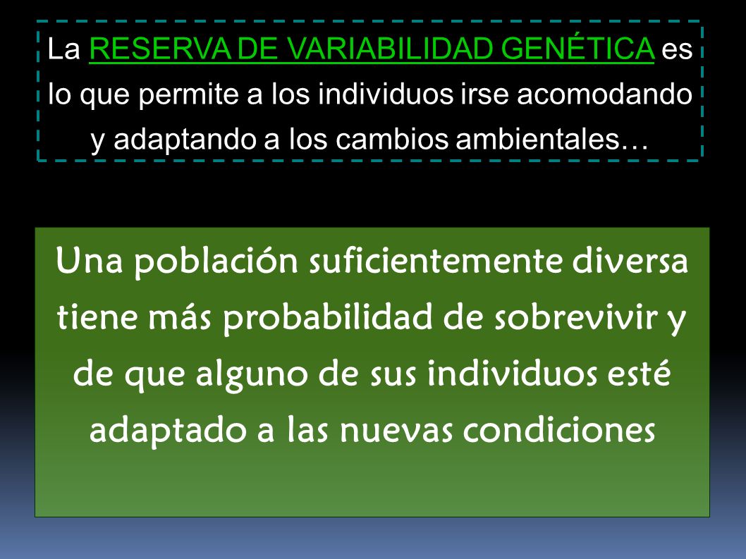 La RESERVA DE VARIABILIDAD GENÉTICA es lo que permite a los individuos irse acomodando y adaptando a los cambios ambientales…