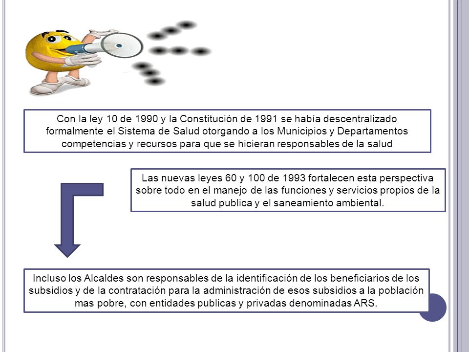 Con la ley 10 de 1990 y la Constitución de 1991 se había descentralizado formalmente el Sistema de Salud otorgando a los Municipios y Departamentos competencias y recursos para que se hicieran responsables de la salud