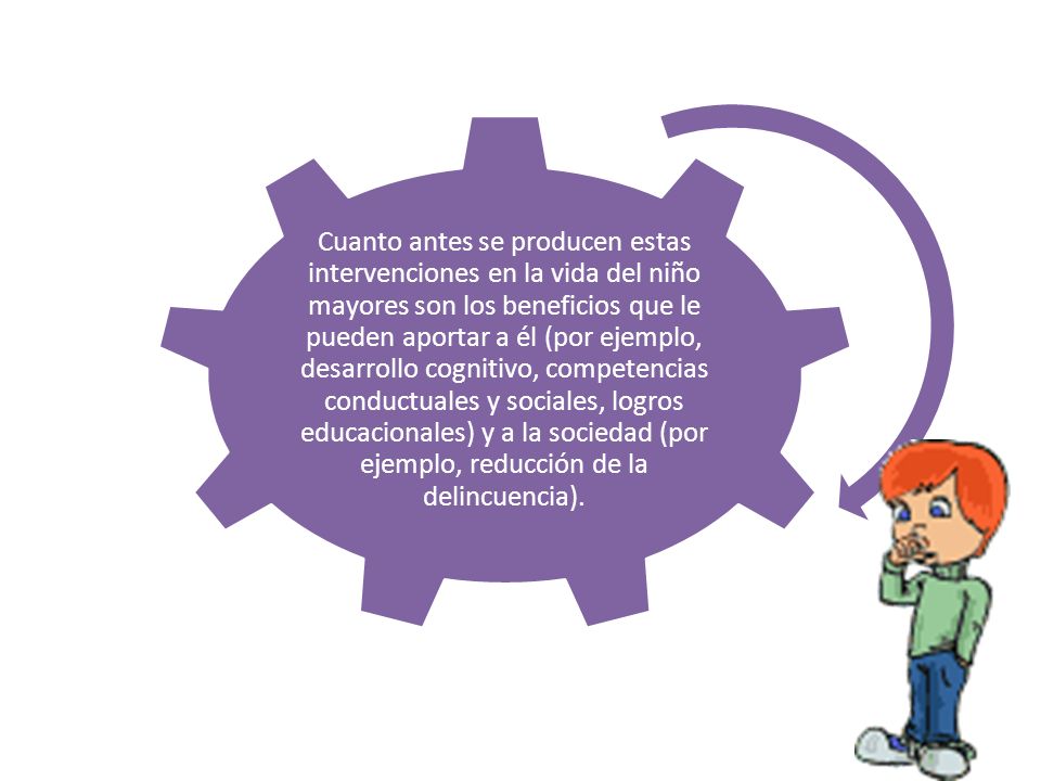 Cuanto antes se producen estas intervenciones en la vida del niño mayores son los beneficios que le pueden aportar a él (por ejemplo, desarrollo cognitivo, competencias conductuales y sociales, logros educacionales) y a la sociedad (por ejemplo, reducción de la delincuencia).