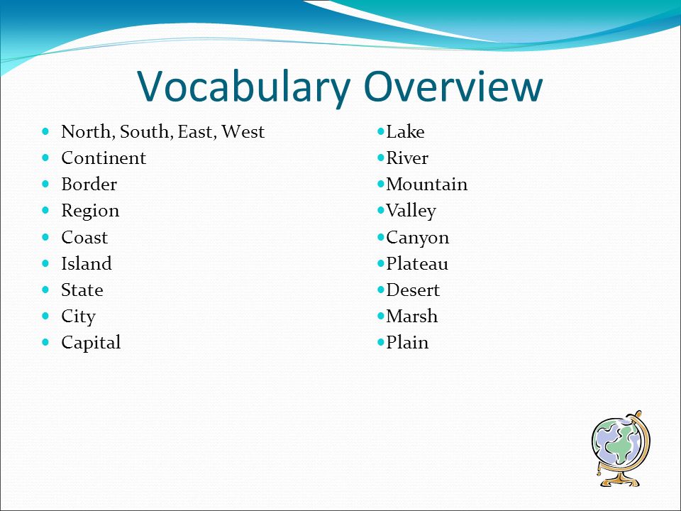 Vocabulary Overview North, South, East, West Continent Border Region
