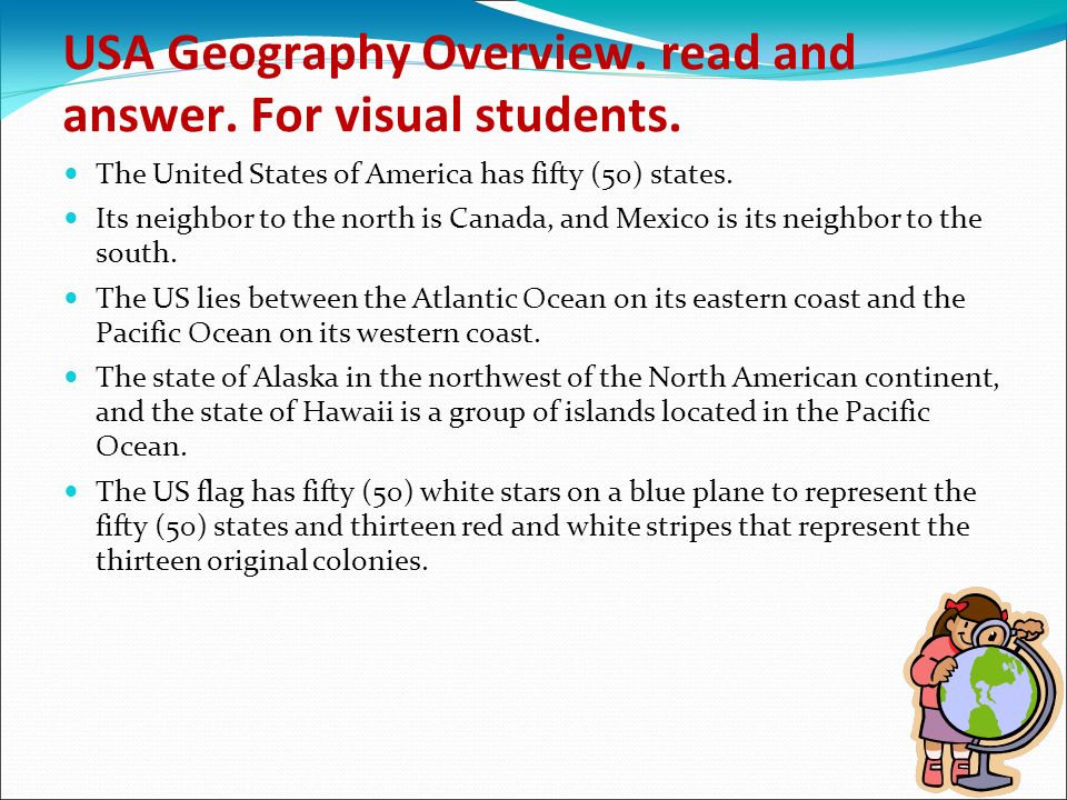 USA Geography Overview. read and answer. For visual students.