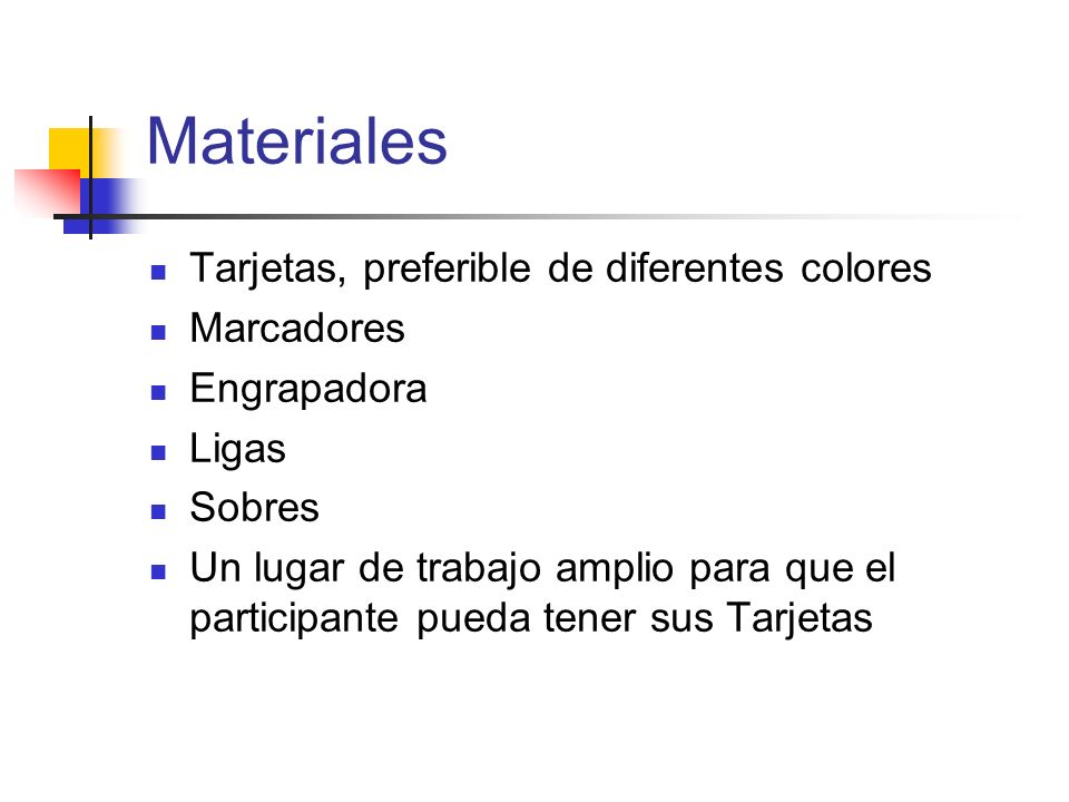 Materiales Tarjetas, preferible de diferentes colores Marcadores