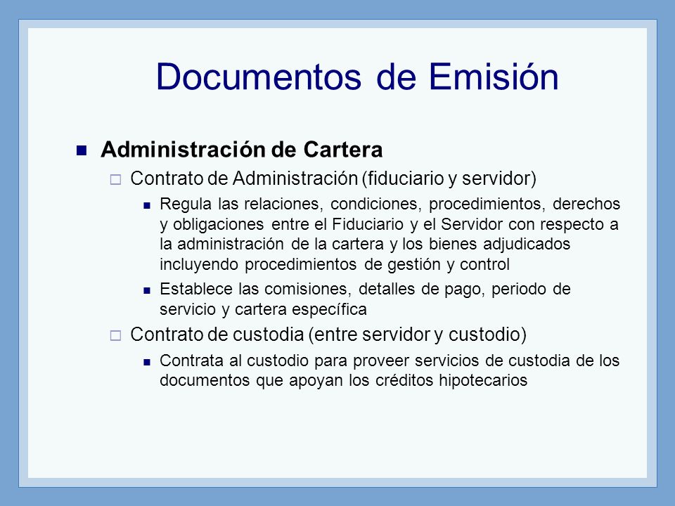 Documentos de Emisión Administración de Cartera