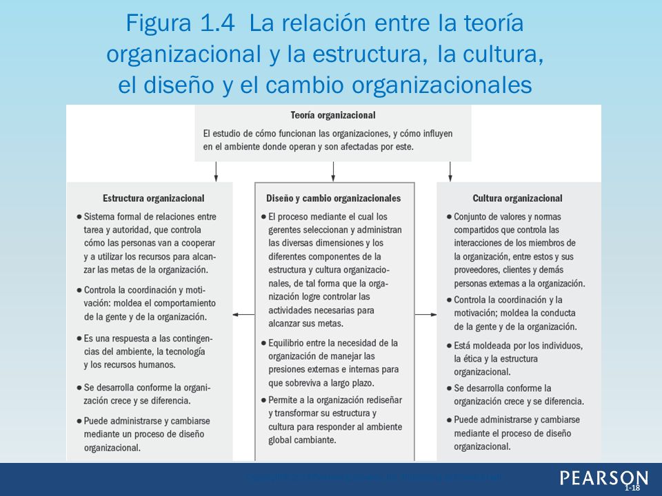 Figura 1.4 La relación entre la teoría organizacional y la estructura, la cultura, el diseño y el cambio organizacionales