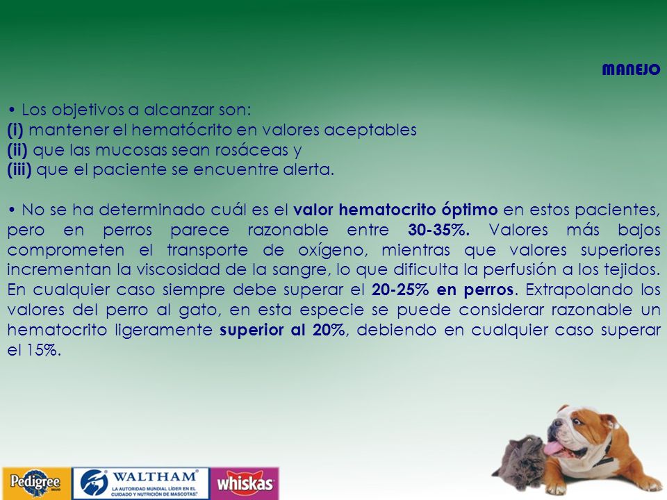 MANEJO • Los objetivos a alcanzar son: (i) mantener el hematócrito en valores aceptables. (ii) que las mucosas sean rosáceas y.