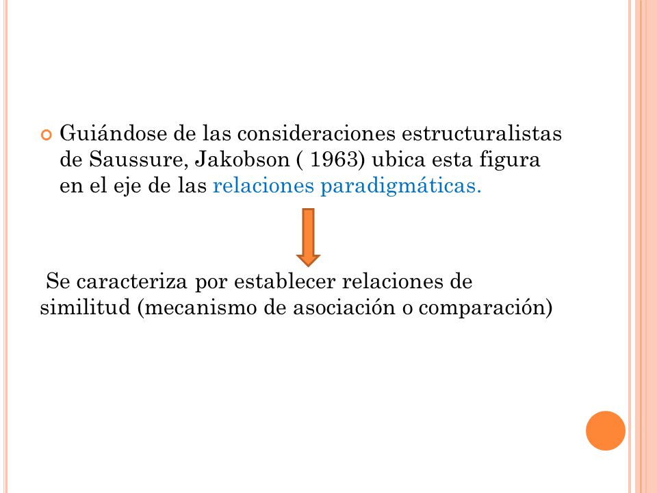 Guiándose de las consideraciones estructuralistas de Saussure, Jakobson ( 1963) ubica esta figura en el eje de las relaciones paradigmáticas.