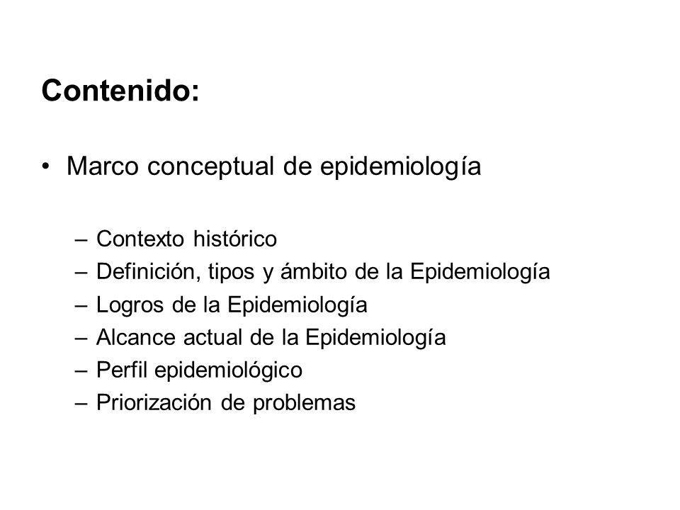 Contenido: Marco conceptual de epidemiología Contexto histórico