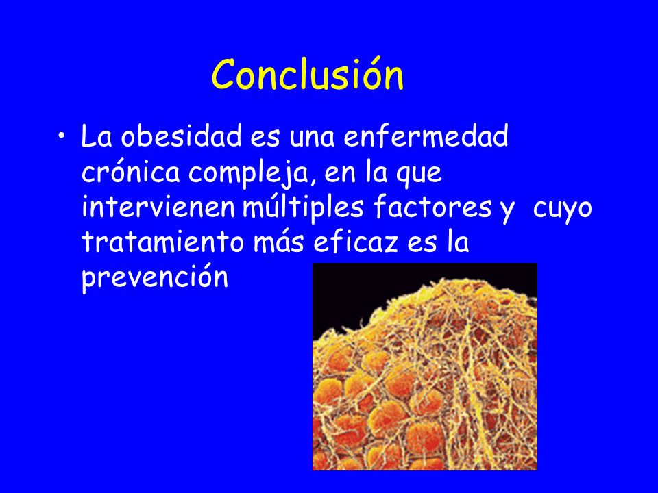 Conclusión La obesidad es una enfermedad crónica compleja, en la que intervienen múltiples factores y cuyo tratamiento más eficaz es la prevención.