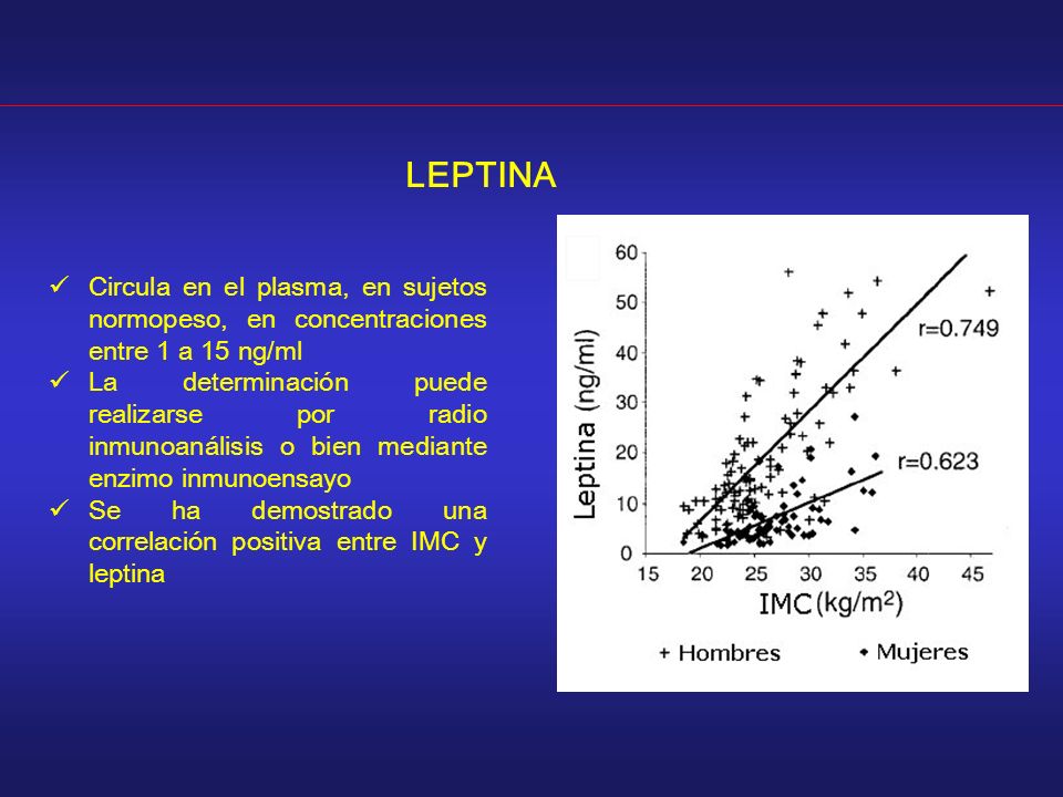 LEPTINA Circula en el plasma, en sujetos normopeso, en concentraciones entre 1 a 15 ng/ml.