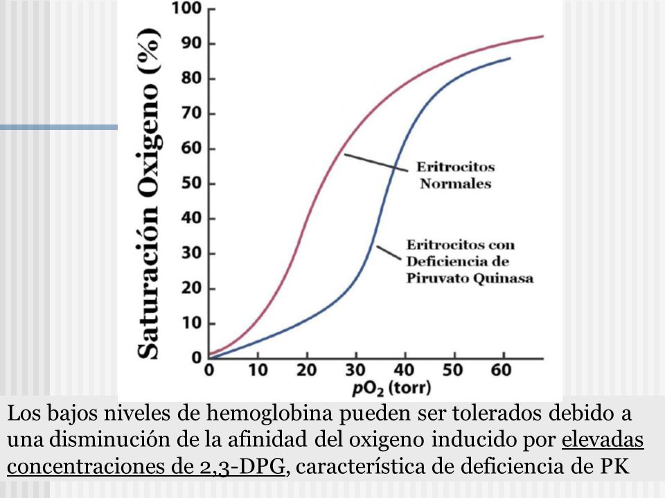 Los bajos niveles de hemoglobina pueden ser tolerados debido a una disminución de la afinidad del oxigeno inducido por elevadas concentraciones de 2,3-DPG, característica de deficiencia de PK