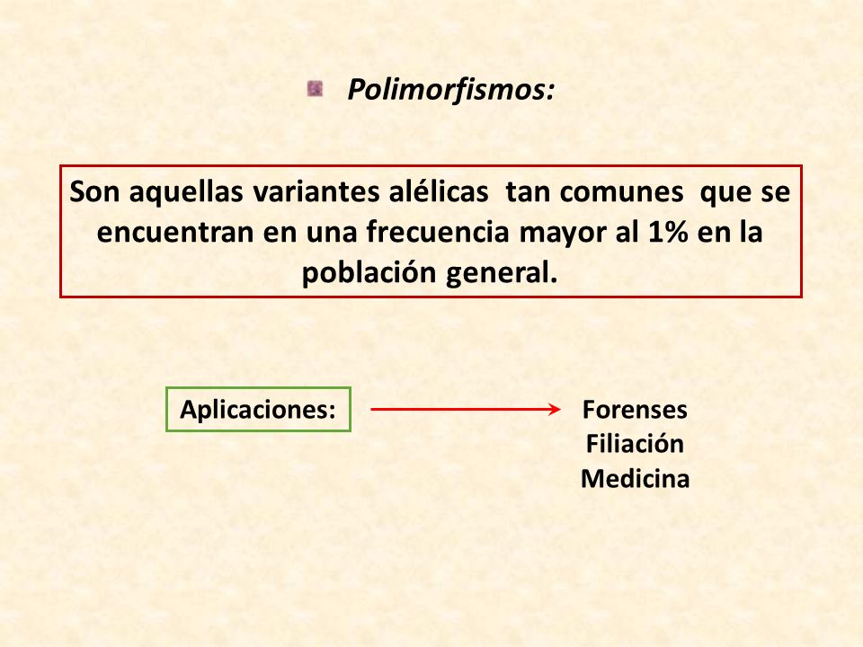 Polimorfismos: Son aquellas variantes alélicas tan comunes que se encuentran en una frecuencia mayor al 1% en la población general.