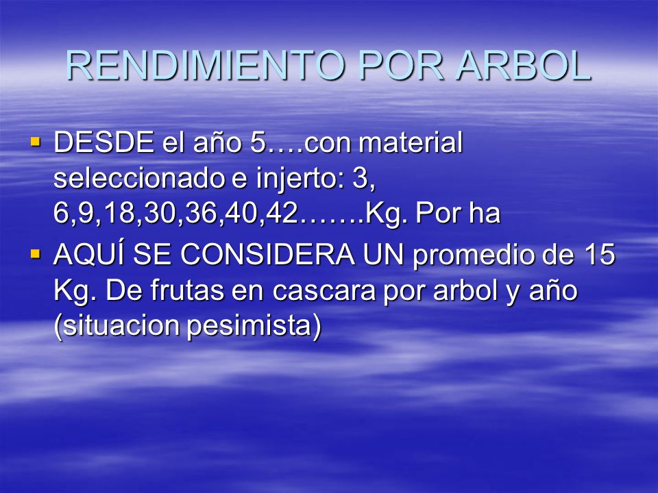 RENDIMIENTO POR ARBOL DESDE el año 5….con material seleccionado e injerto: 3, 6,9,18,30,36,40,42…….Kg. Por ha.