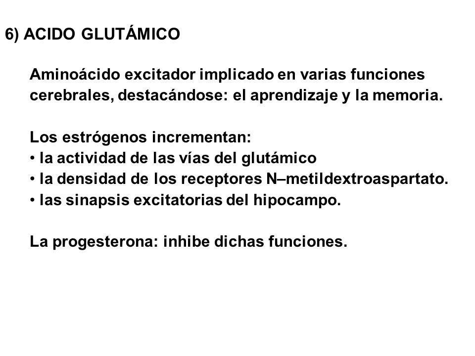 6) ACIDO GLUTÁMICO Aminoácido excitador implicado en varias funciones cerebrales, destacándose: el aprendizaje y la memoria.