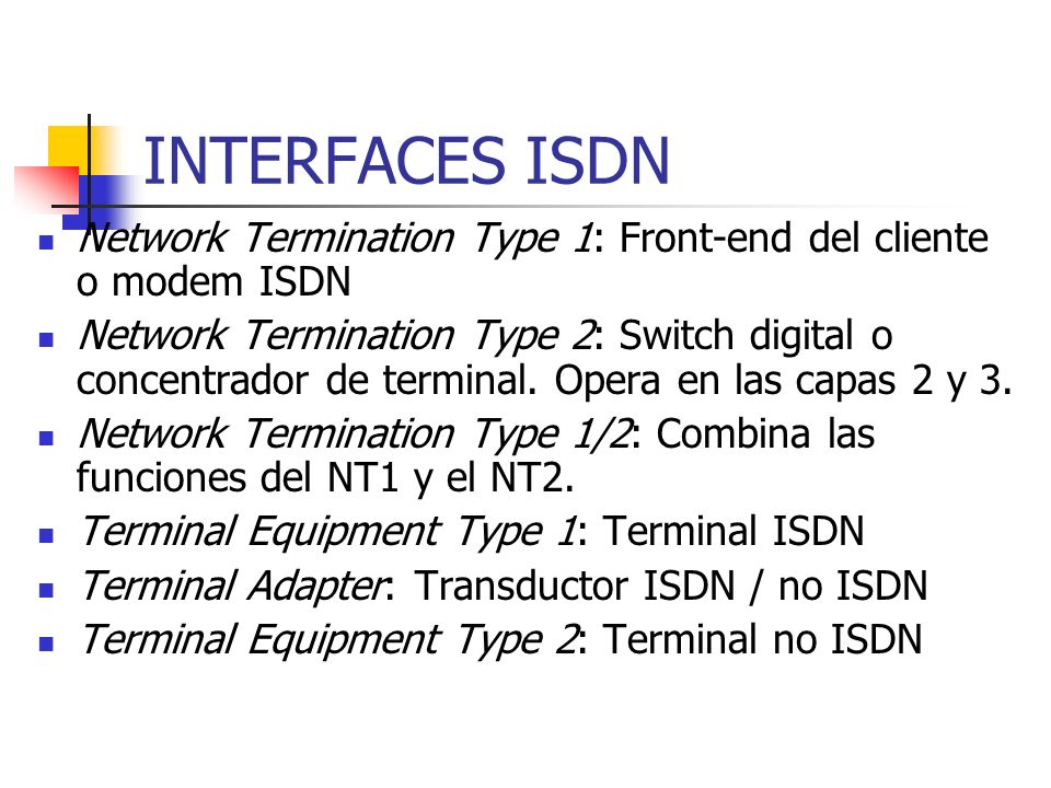 INTERFACES ISDN Network Termination Type 1: Front-end del cliente o modem ISDN.
