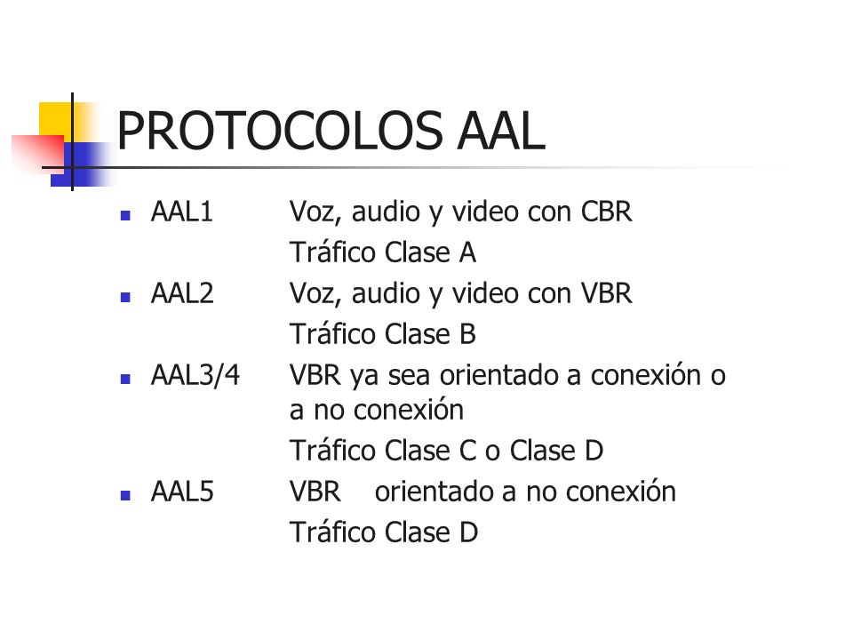 PROTOCOLOS AAL AAL1 Voz, audio y video con CBR Tráfico Clase A