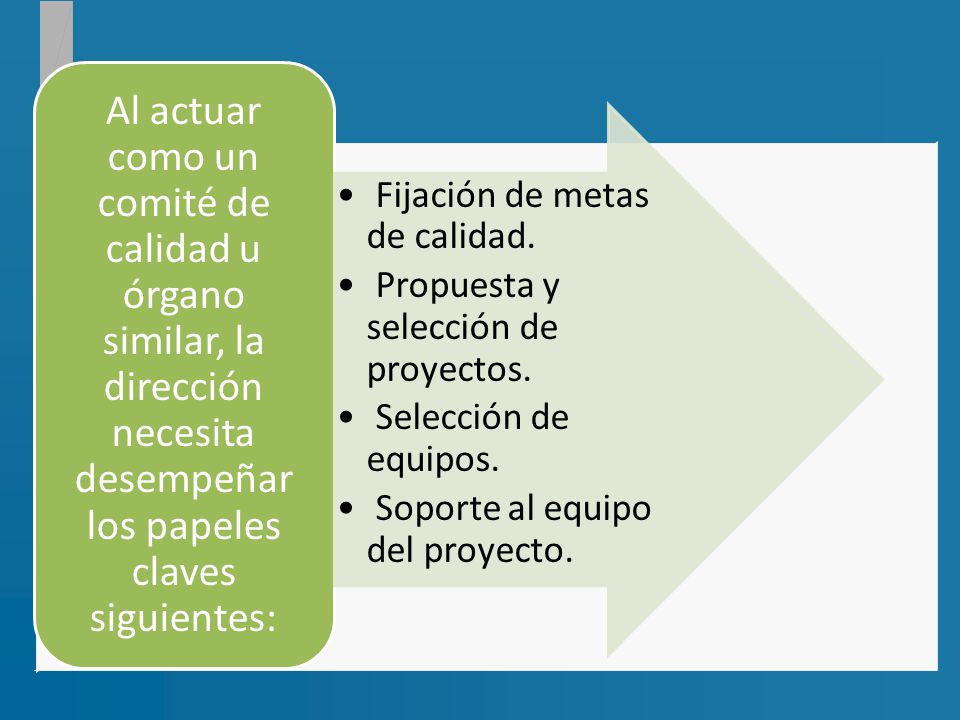 Al actuar como un comité de calidad u órgano similar, la dirección necesita desempeñar los papeles claves siguientes: