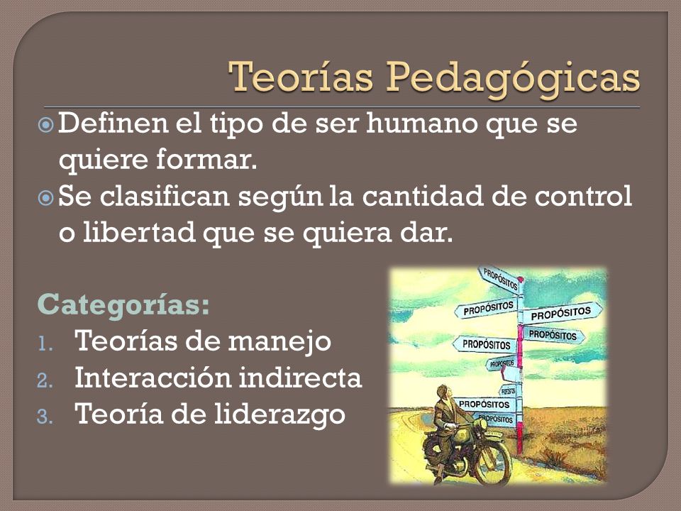 Teorías Pedagógicas Definen el tipo de ser humano que se quiere formar. Se clasifican según la cantidad de control o libertad que se quiera dar.
