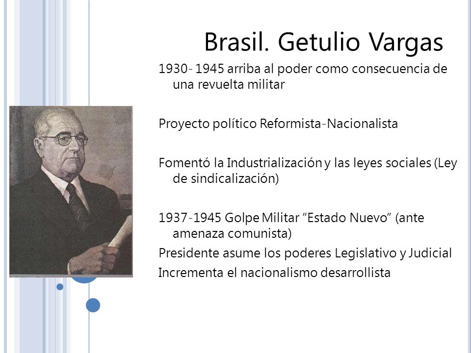 Brasil. Getulio Vargas arriba al poder como consecuencia de una revuelta militar. Proyecto político Reformista-Nacionalista.