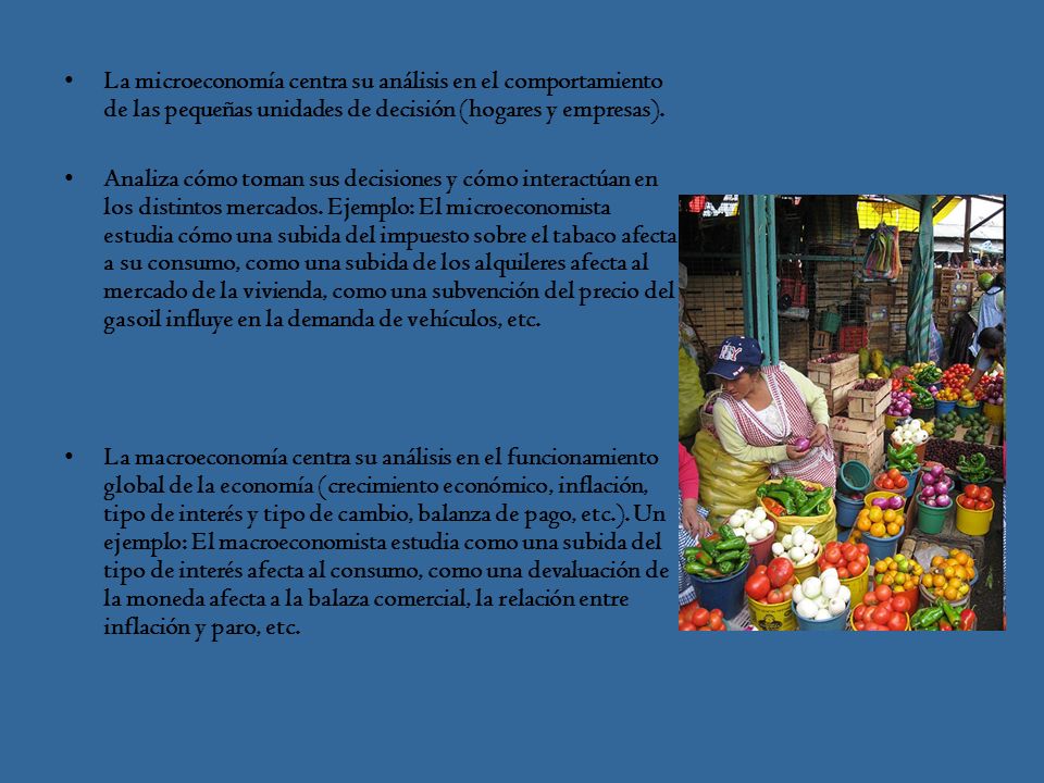 La microeconomía centra su análisis en el comportamiento de las pequeñas unidades de decisión (hogares y empresas).