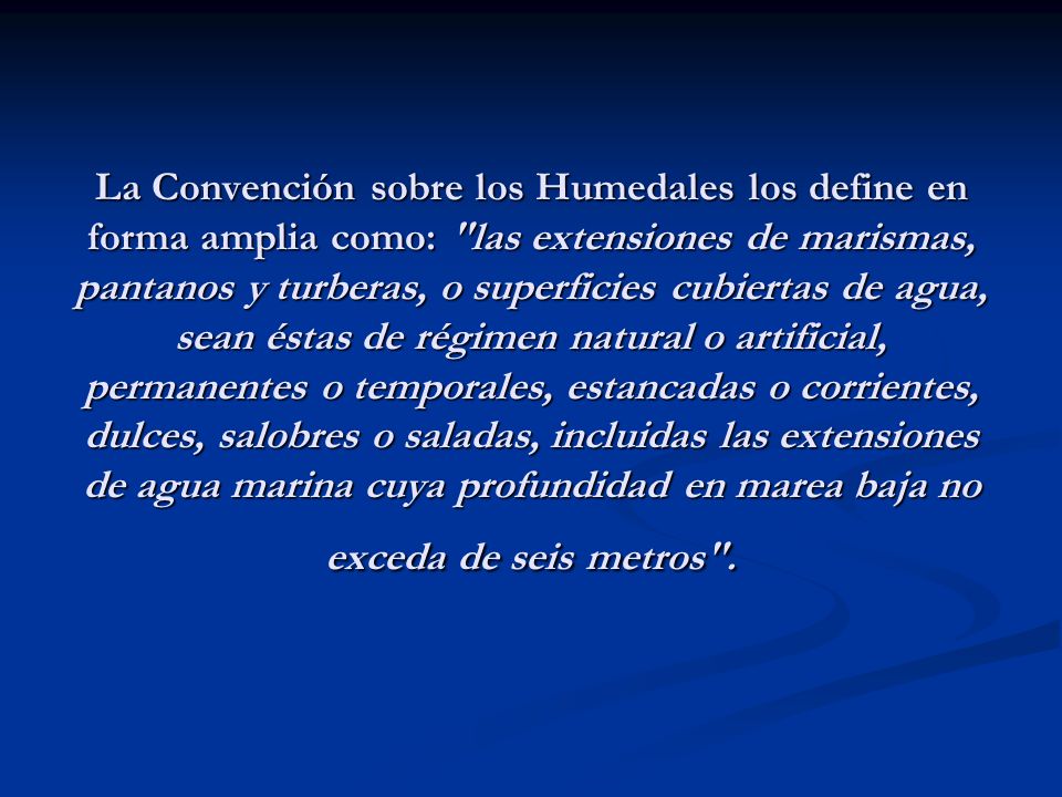 La Convención sobre los Humedales los define en forma amplia como: las extensiones de marismas, pantanos y turberas, o superficies cubiertas de agua, sean éstas de régimen natural o artificial, permanentes o temporales, estancadas o corrientes, dulces, salobres o saladas, incluidas las extensiones de agua marina cuya profundidad en marea baja no exceda de seis metros .