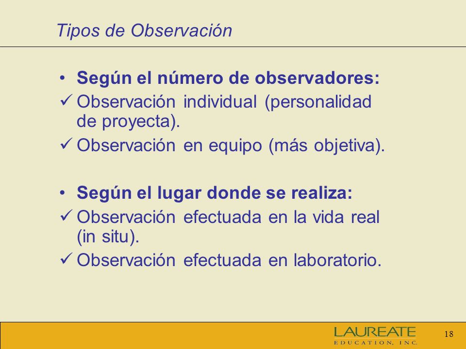 Tipos de Observación Según el número de observadores: Observación individual (personalidad de proyecta).