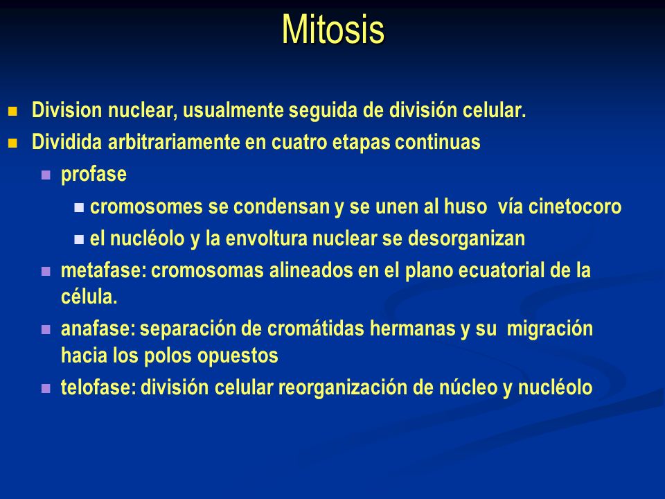 Mitosis Division nuclear, usualmente seguida de división celular.