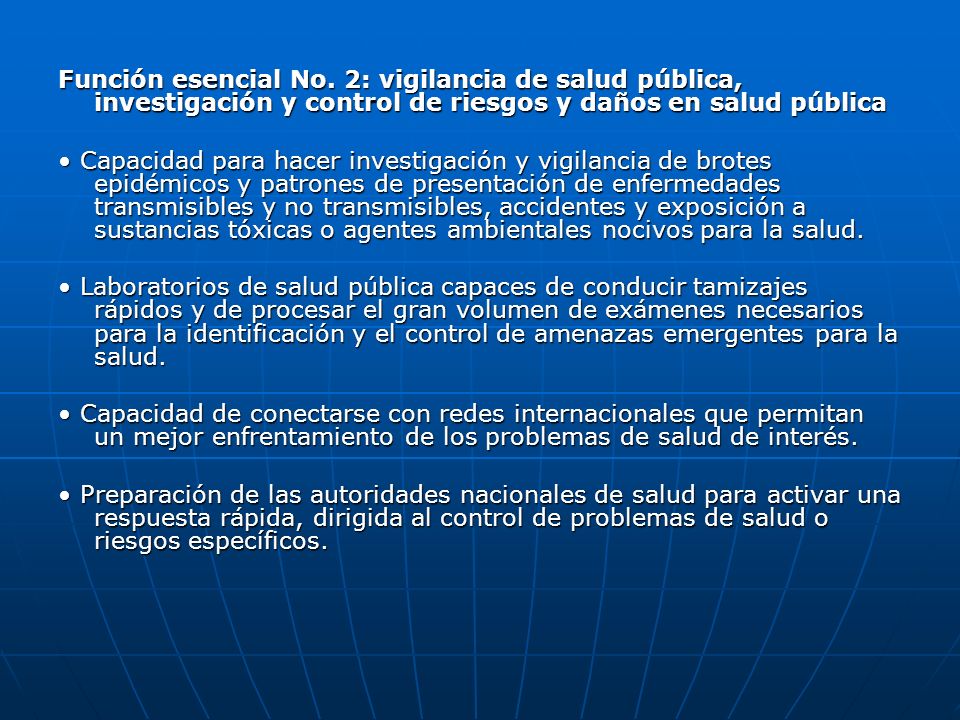Función esencial No. 2: vigilancia de salud pública, investigación y control de riesgos y daños en salud pública