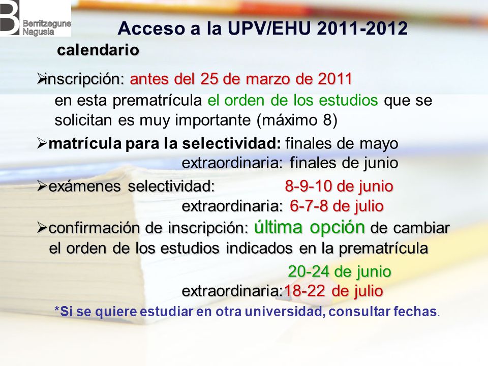 Acceso a la UPV/EHU calendario