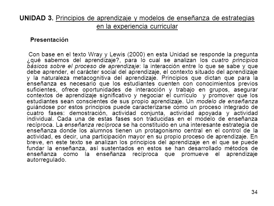 UNIDAD 3. Principios de aprendizaje y modelos de enseñanza de estrategias en la experiencia curricular