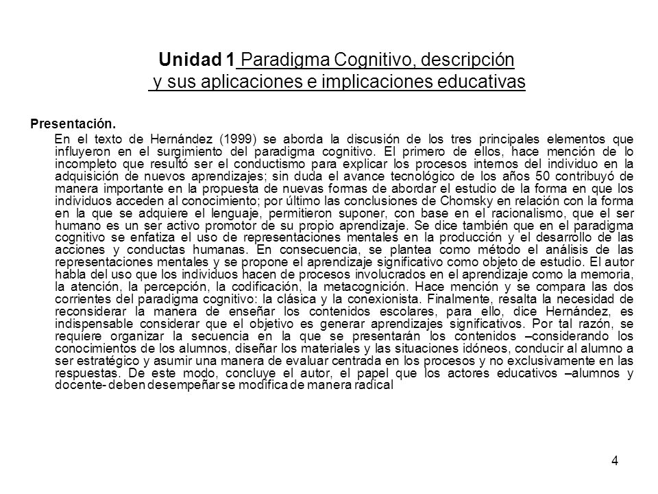 Unidad 1 Paradigma Cognitivo, descripción y sus aplicaciones e implicaciones educativas