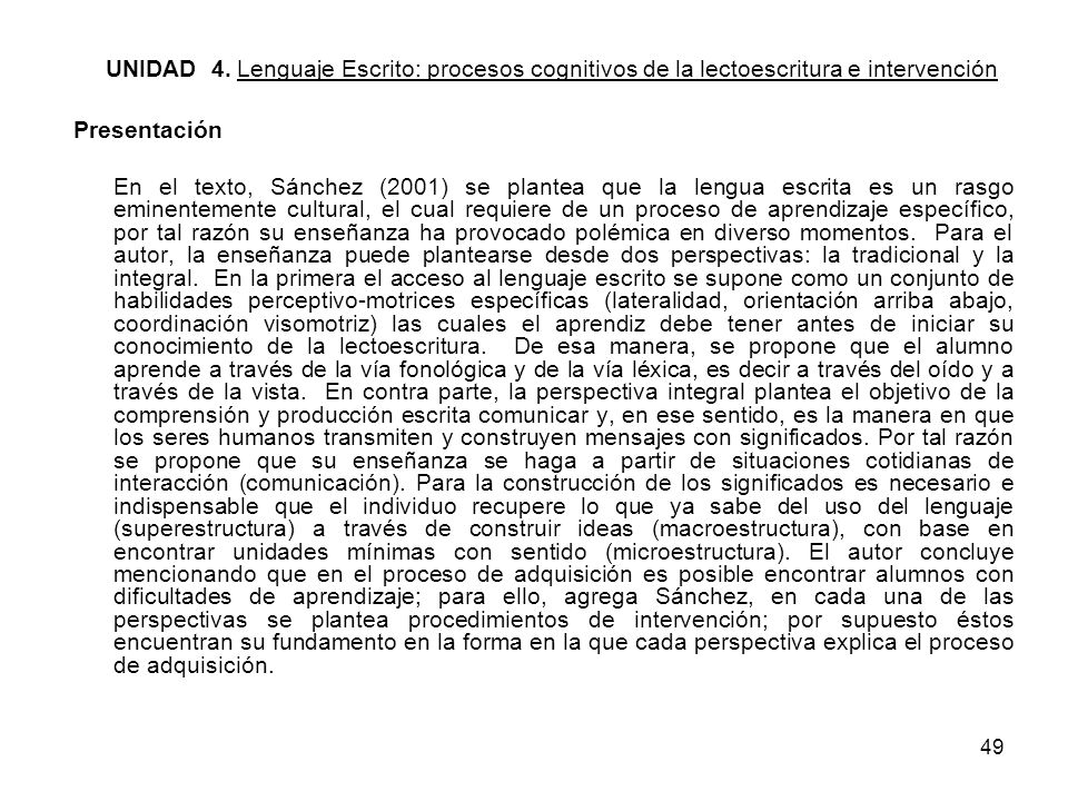 UNIDAD 4. Lenguaje Escrito: procesos cognitivos de la lectoescritura e intervención