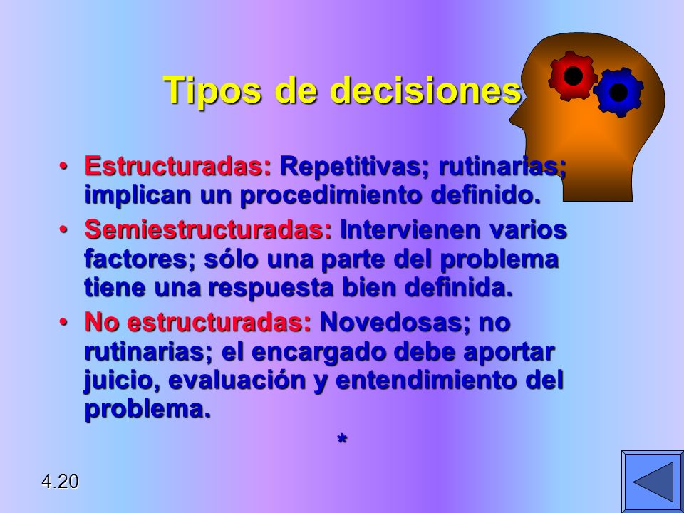 Tipos de decisiones Estructuradas: Repetitivas; rutinarias; implican un procedimiento definido.