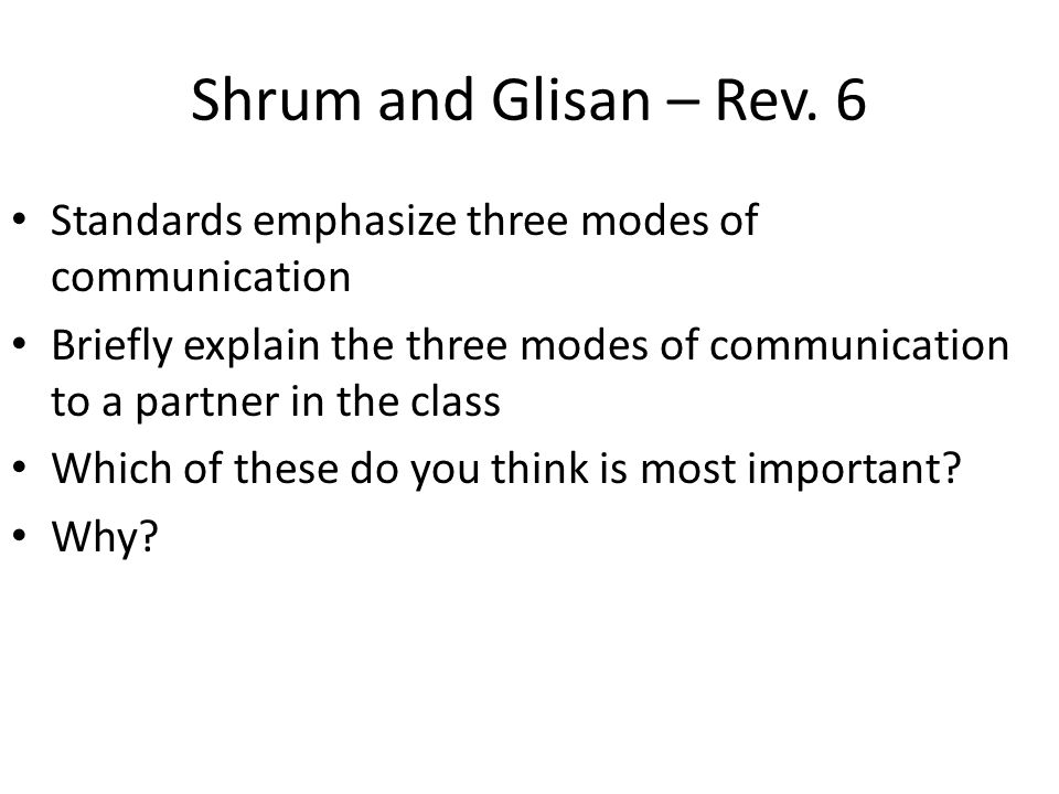 Shrum and Glisan – Rev. 6 Standards emphasize three modes of communication.